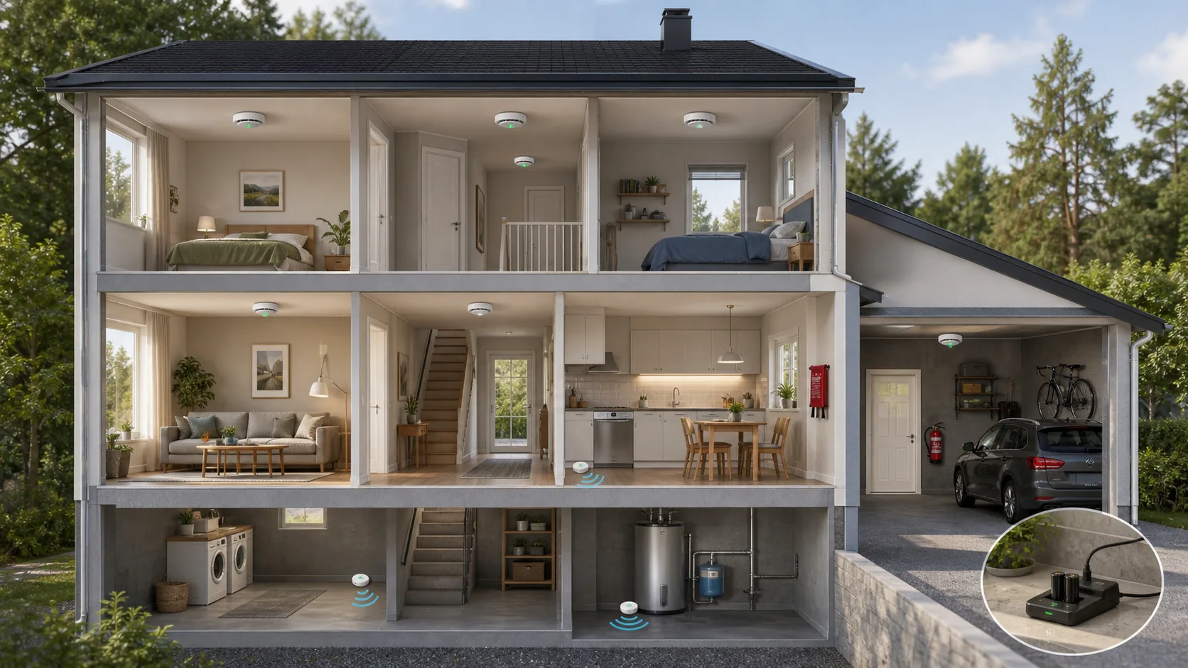 Genomskärning av villa med brandvarnare, släckutrustning och vattenlarm