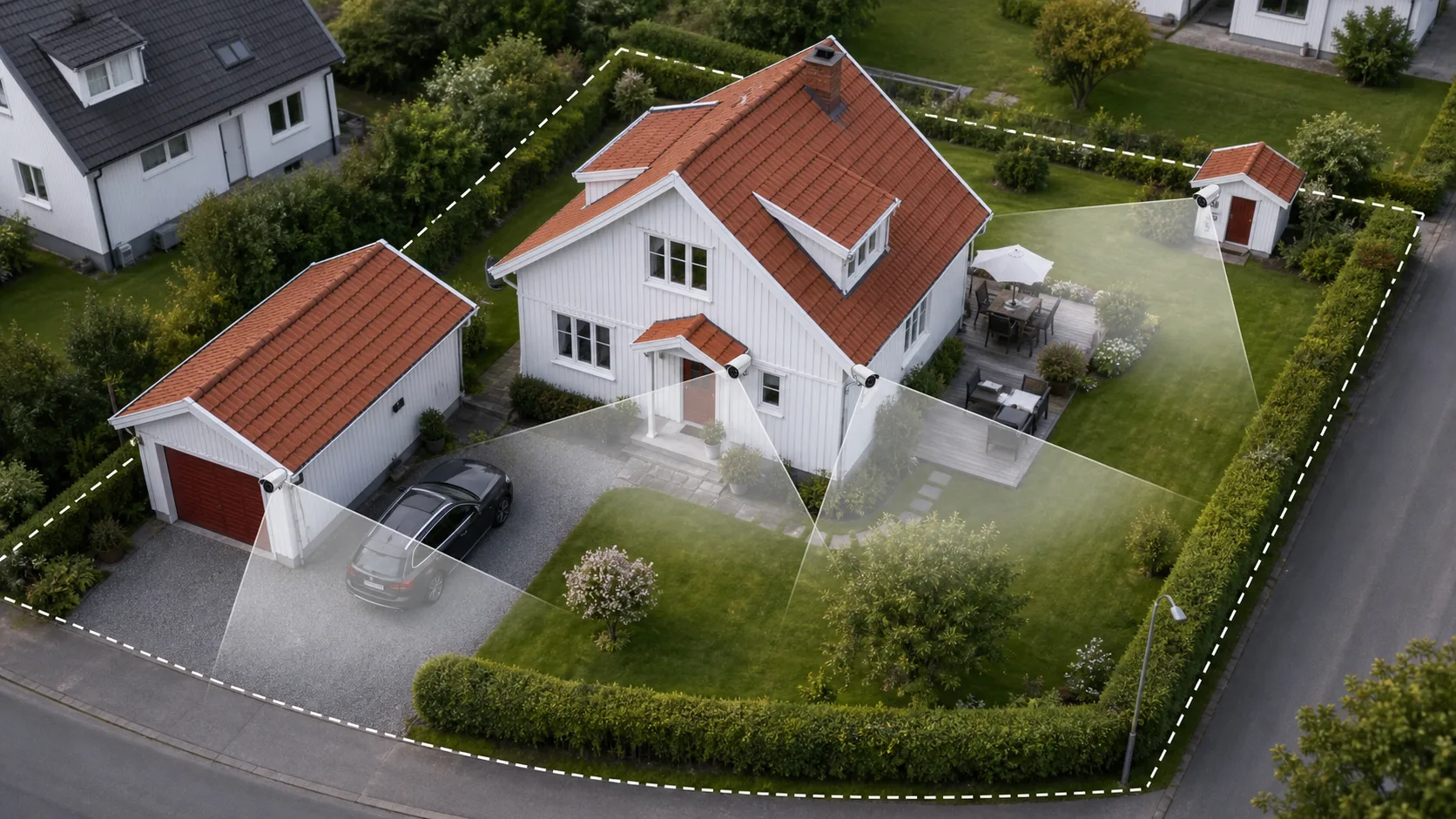 Kameror runt en villa med bildfält avgränsade inom den egna tomten
