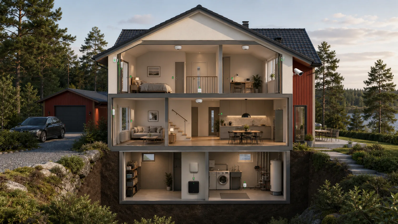 Genomskärning av en svensk villa med sensorer för inbrott, brand och vatten