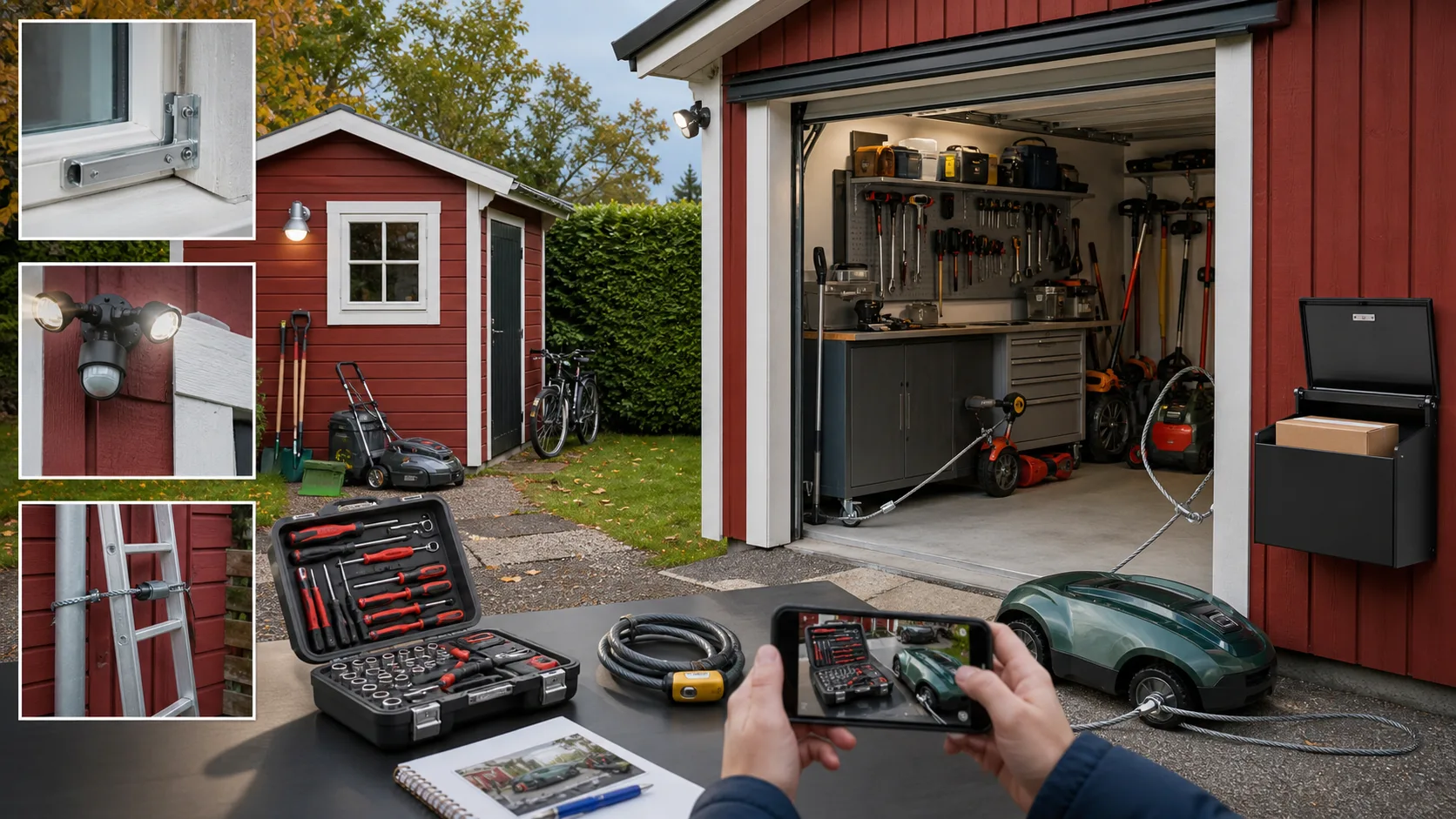 Garage och förråd med säkrade verktyg, stege, belysning och paketbox