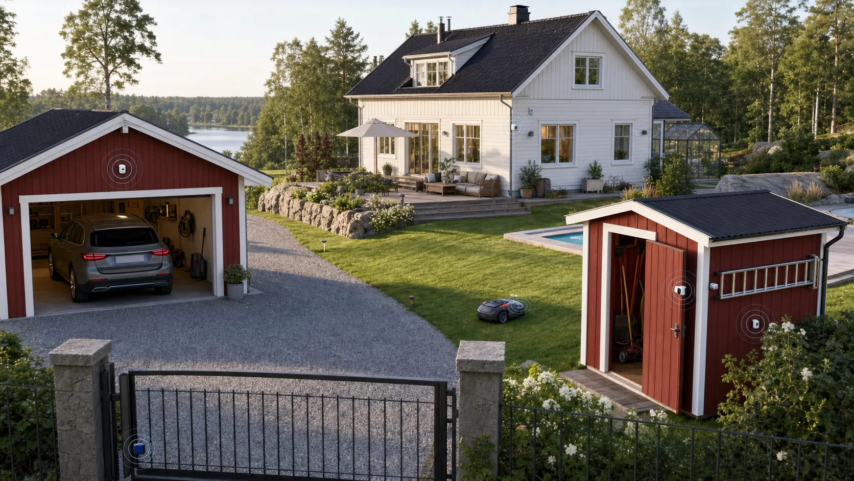 Villa med larmzoner vid grind, garage, förråd och robotgräsklippare