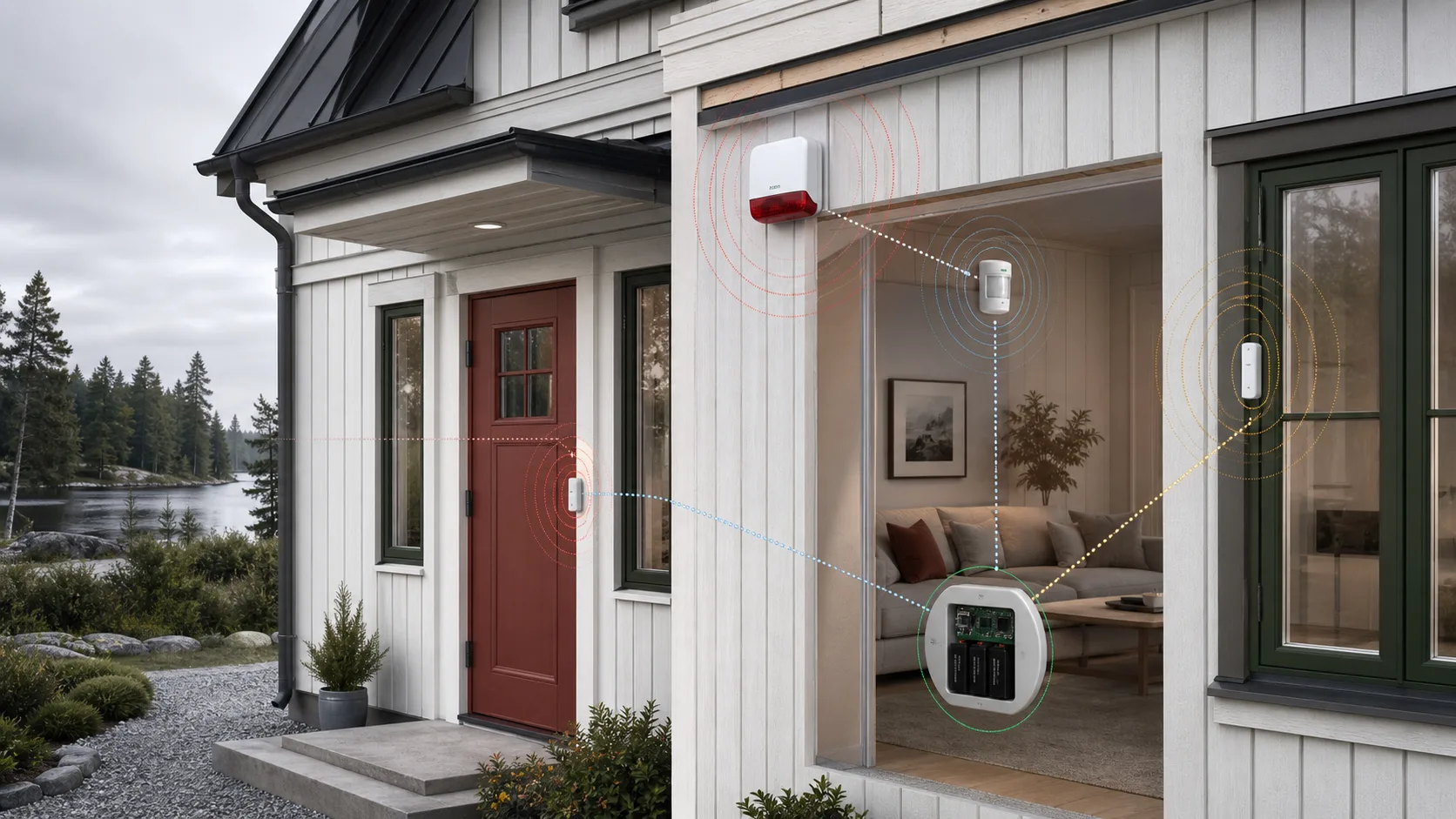 Villafasad med dörrkontakt, fönstersensor, rörelsedetektor, siren och reservkraft